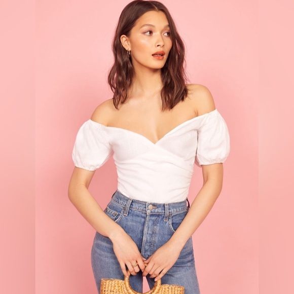 Reformation “Framboise Off the Shoulder Top” in Paper White - Picture 5 of 9